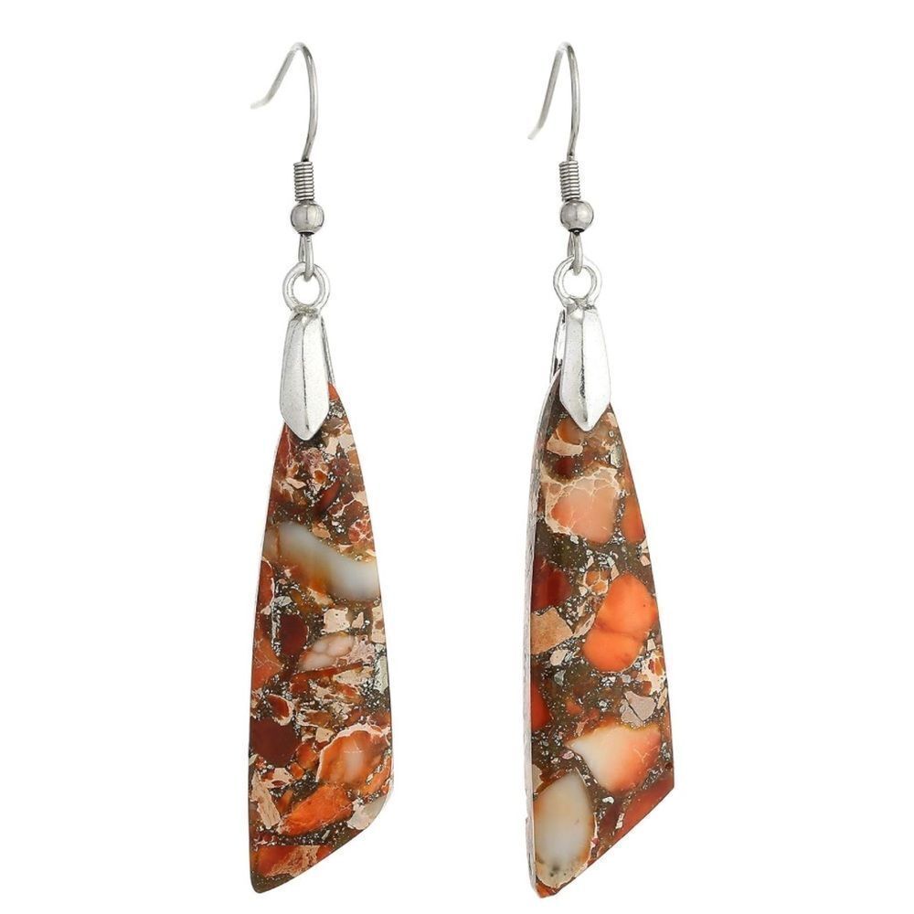 18K White Gold with Natural Imperial Orange Jasper Stone Dangling Hook Earrings